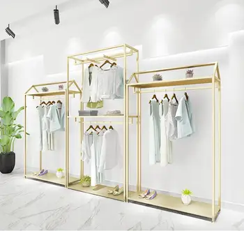 Zlato oblečením displeja, stojan na podlahu typ dvojvrstvové šaty rack mužov a žien oblečením dekorácie dizajn, vysoká ca